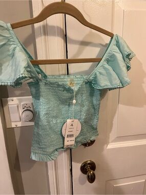 NWT PQ Swim Mint Green Smocked Off-Shoulder Crop Top